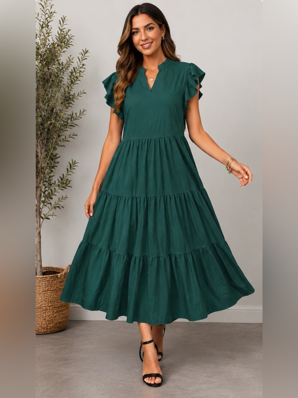 SHEIN Emerald Green Tiered Maxi Dress Ruffle Flutter Sleeves Size M